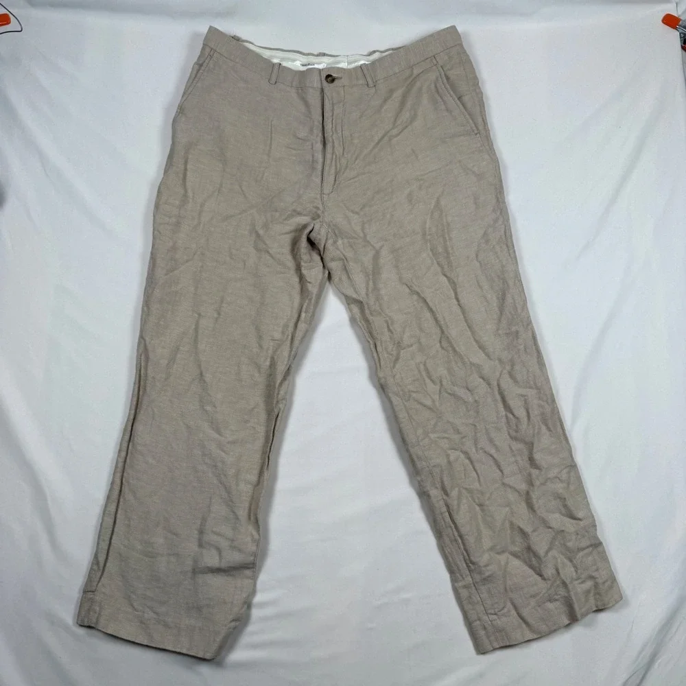 Perry Ellis Mens 36x30 Linen Cotton Herringbone Dress Pants Beige Tan Straight